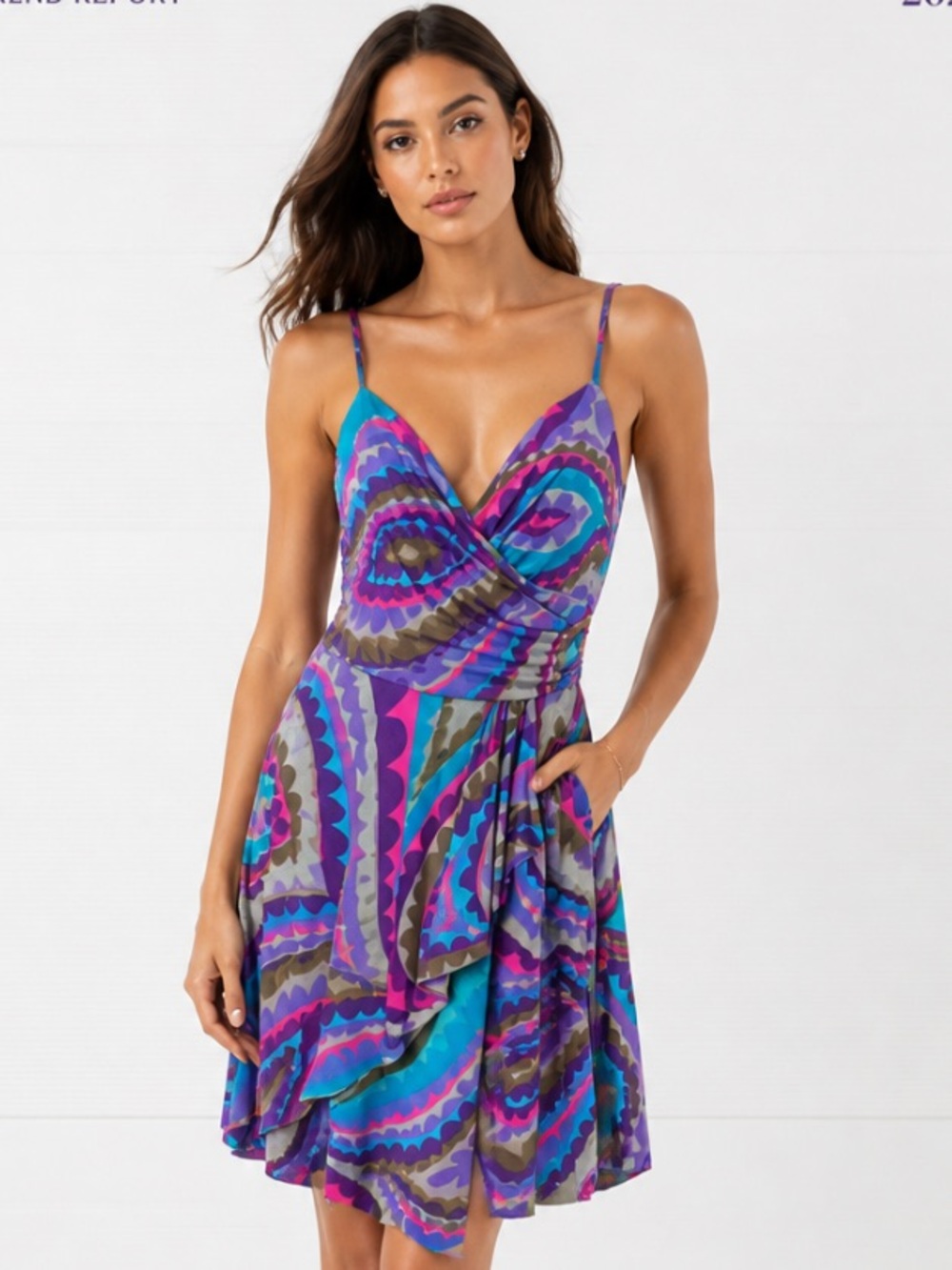 TRINA TURK Vtg Dress Paisley Jersey 100% Silk Crossover V Neckline Pink Purple